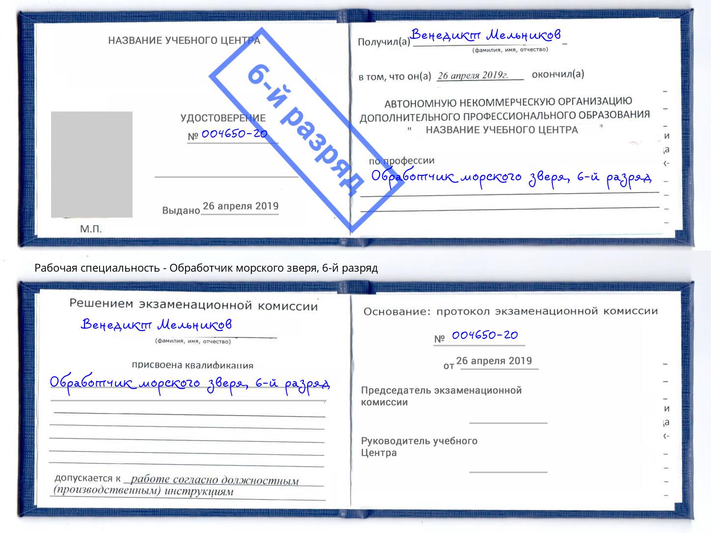 корочка 6-й разряд Обработчик морского зверя Мегион
