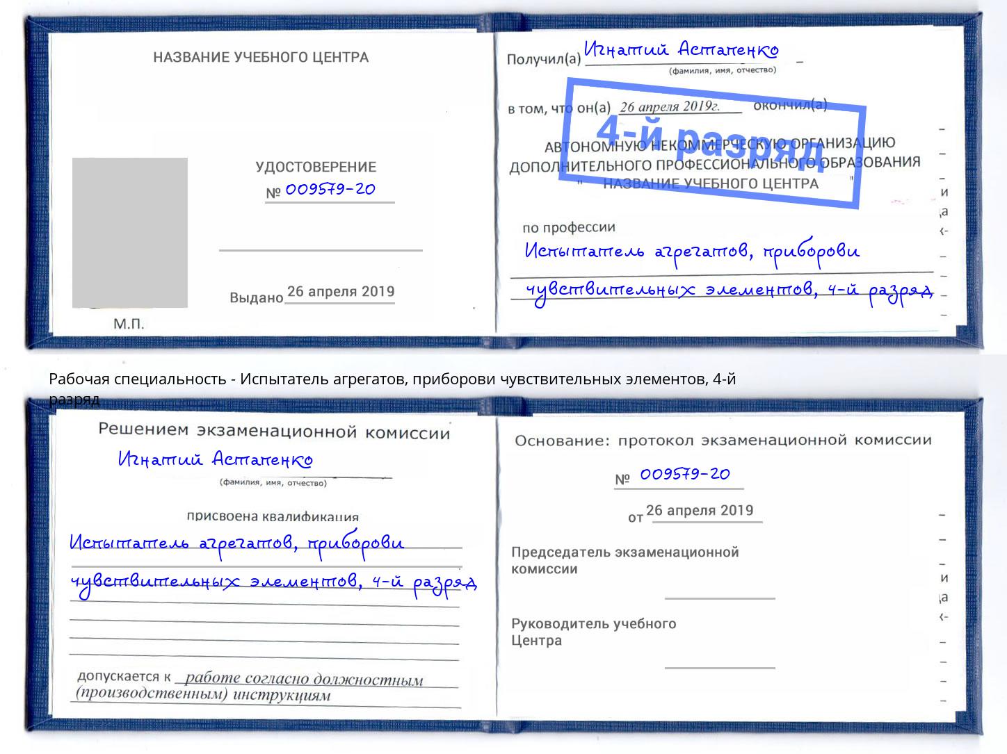 корочка 4-й разряд Испытатель агрегатов, приборови чувствительных элементов Мегион