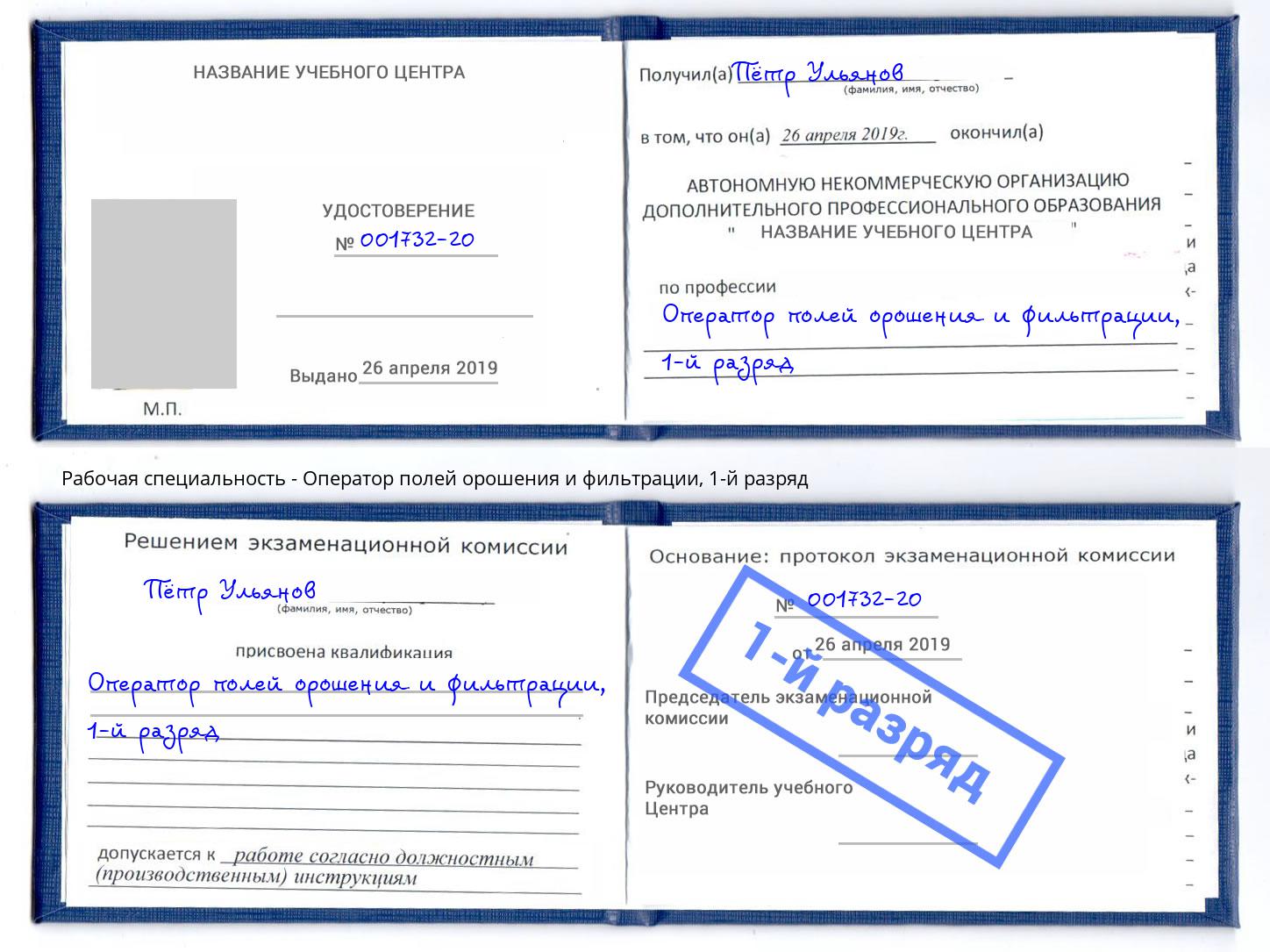 корочка 1-й разряд Оператор полей орошения и фильтрации Мегион