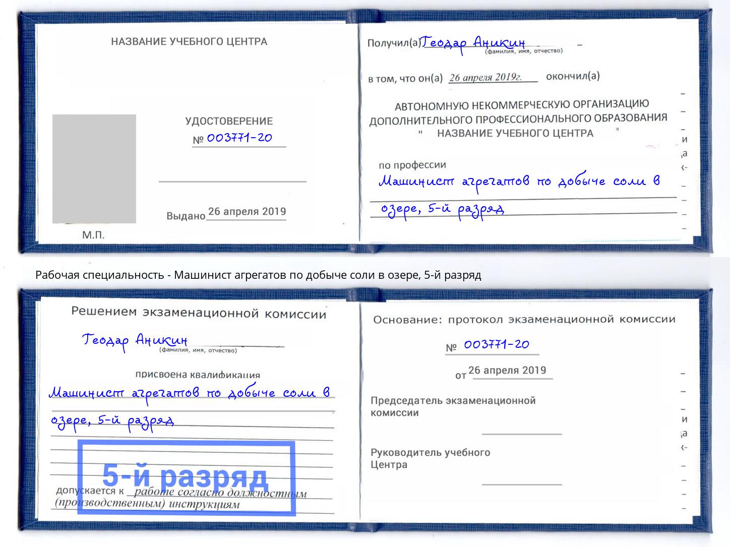 корочка 5-й разряд Машинист агрегатов по добыче соли в озере Мегион