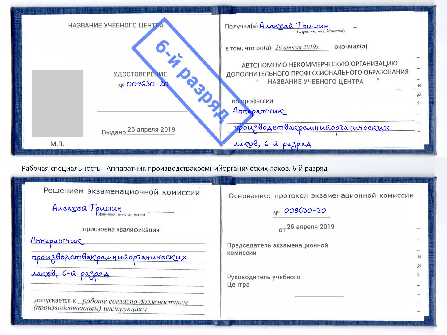 корочка 6-й разряд Аппаратчик производствакремнийорганических лаков Мегион