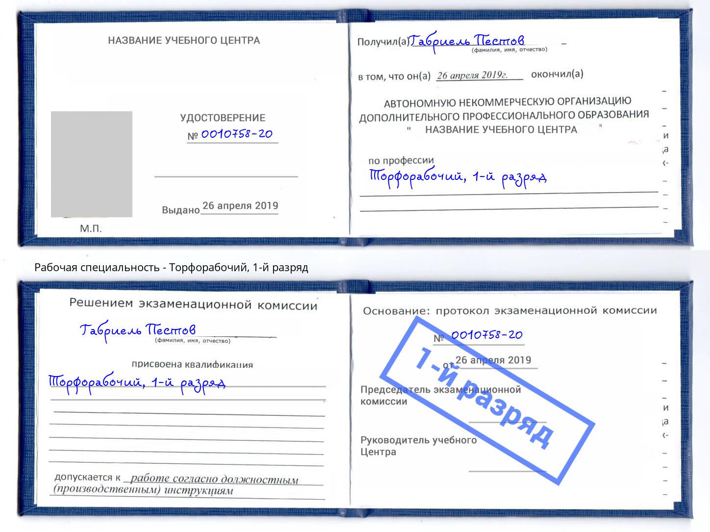 корочка 1-й разряд Торфорабочий Мегион