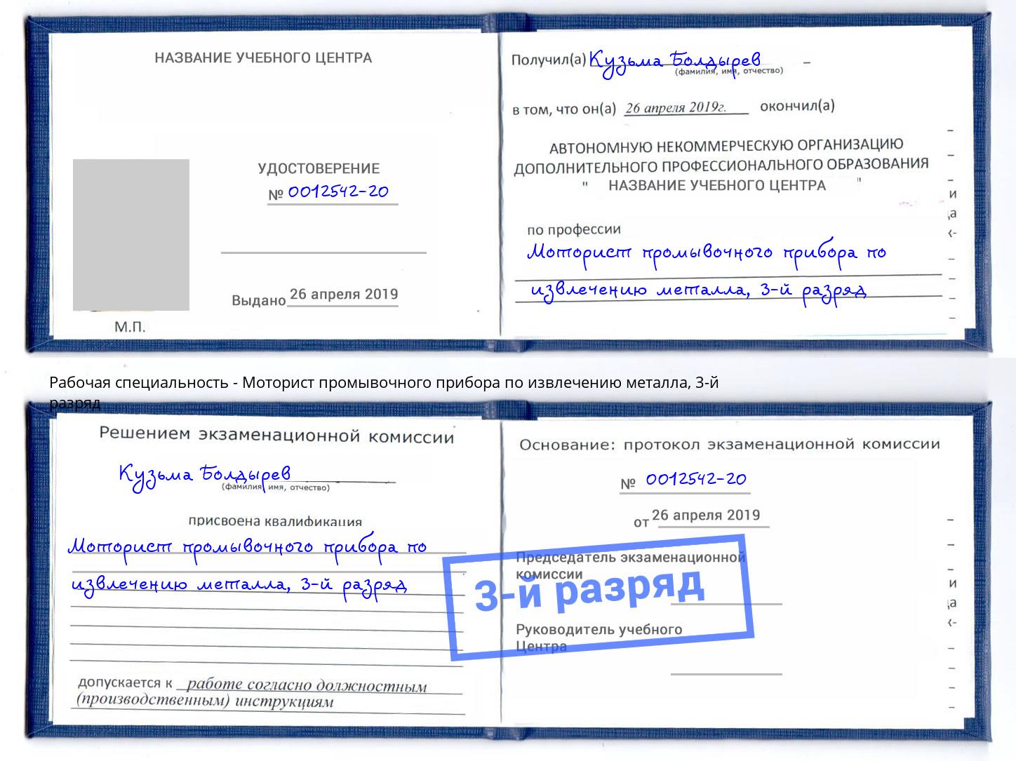 корочка 3-й разряд Моторист промывочного прибора по извлечению металла Мегион